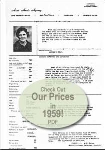 Link to Aunt Ann's 1959 historical document with pricing, policies, and sample application from that year.